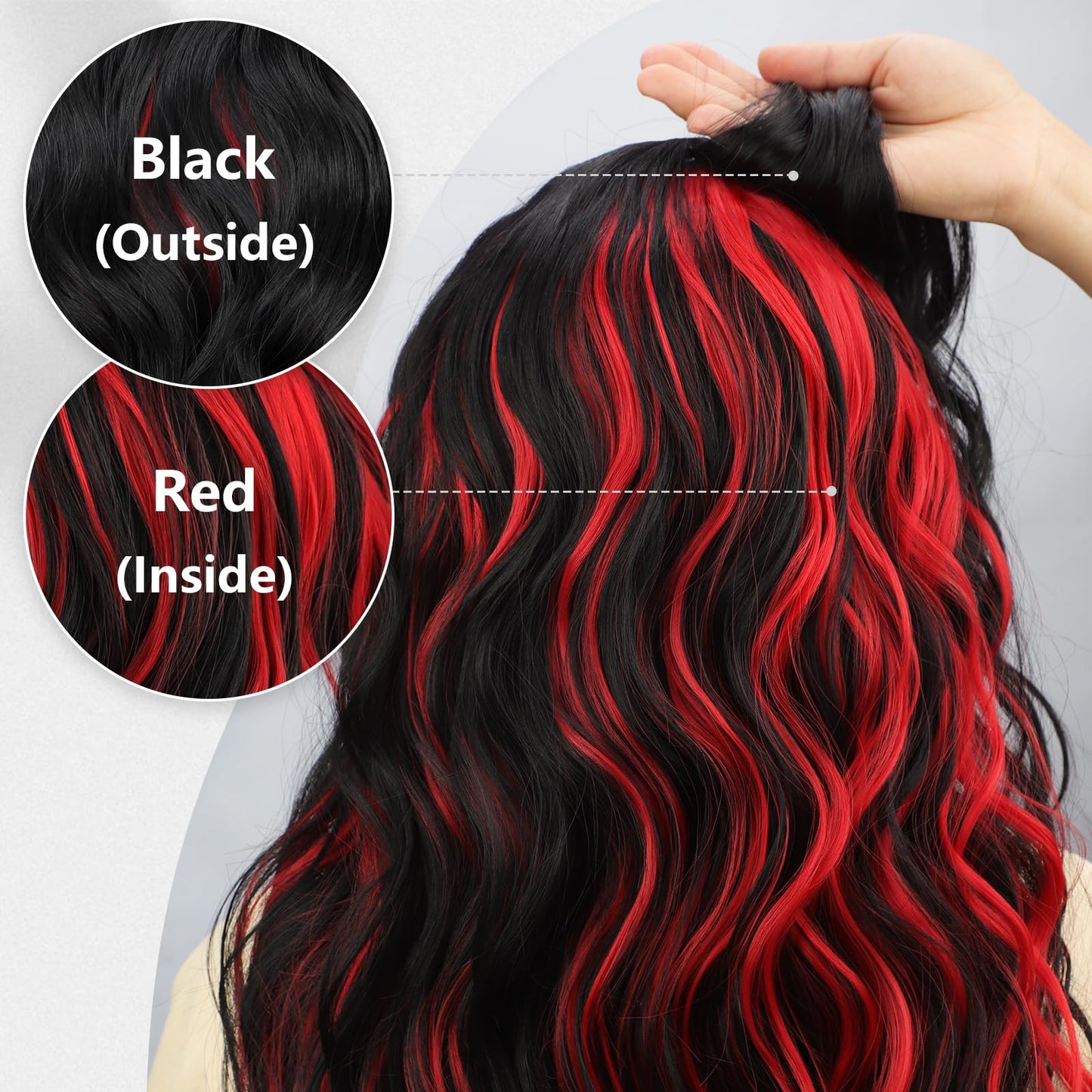 ALXNAN Clip in Long Wavy Hair Extension 20 Inch Black Red Highlights Hair Extensions 4PCS Thick Hairpieces Fiber Double Weft Hair for Women