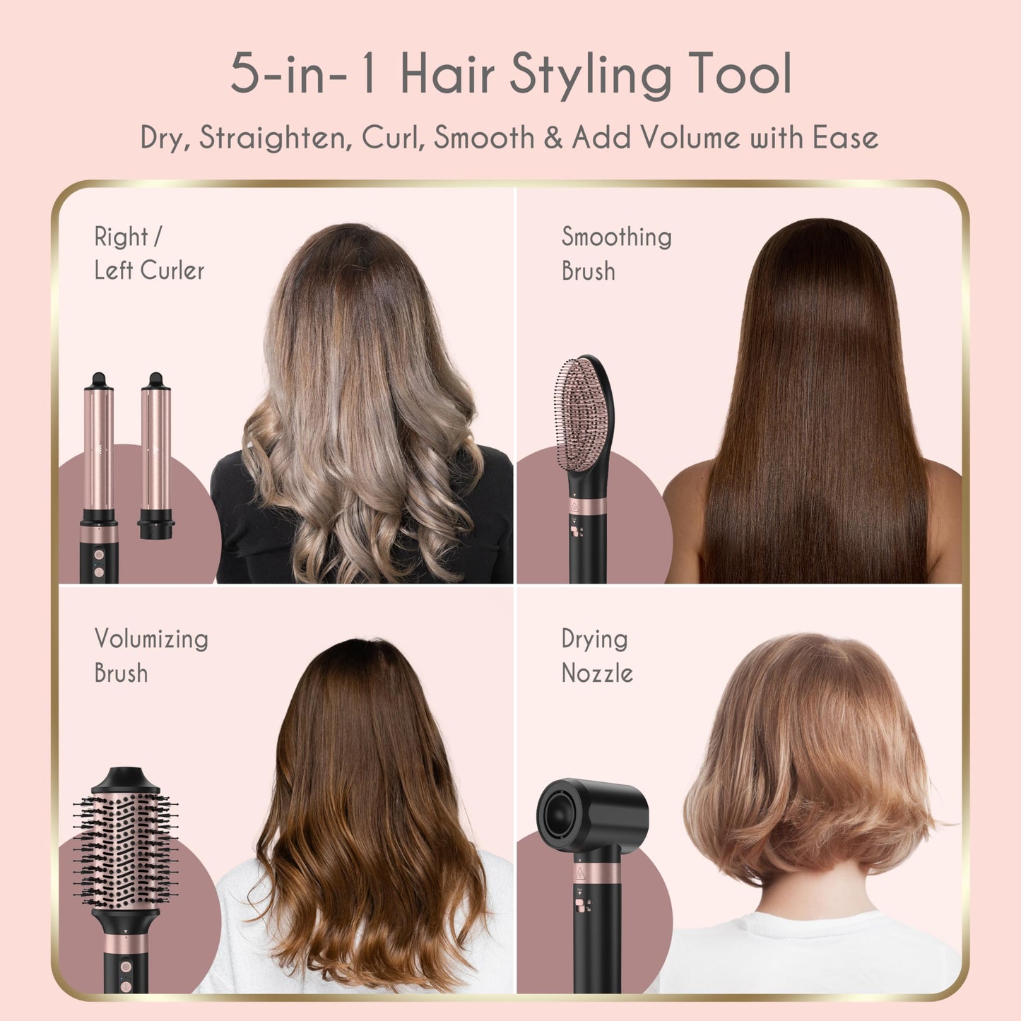 Annlary 5 in 1 Ionic Hot Air Styler, 1400W Powerful Hair Dryer Brush, Auto-Wrap Curlers, Paddle Brush for Fast Drying, Curling, Straightening, Volumizing with Travel & Storage Bag