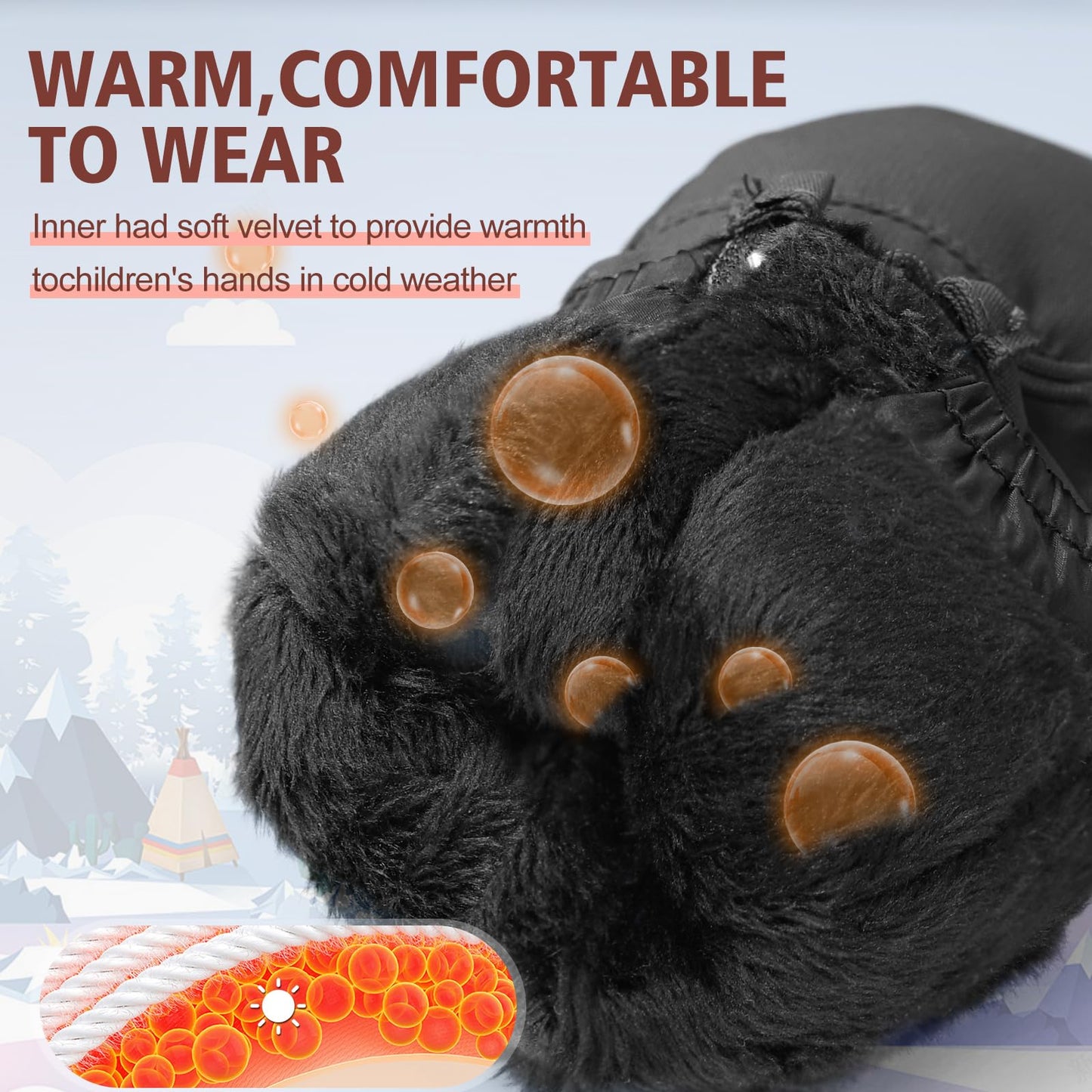 Andake Kids Ski Mittens Gloves with Long Cuff Waterproof Winter Warm Snow Gloves for Toddler Baby Girls and Boys (Black,3-6Y)