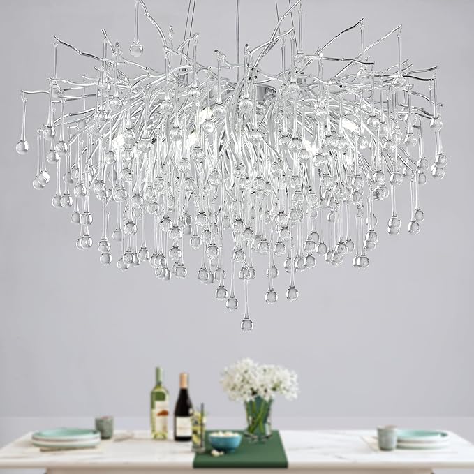 Crystal Chandeliers,Round Modern Tree Branch Chandelier,10-Light Farmhouse Raindrop Chandelier Light Fixture for Dining Room, Kitchen Island D31.5