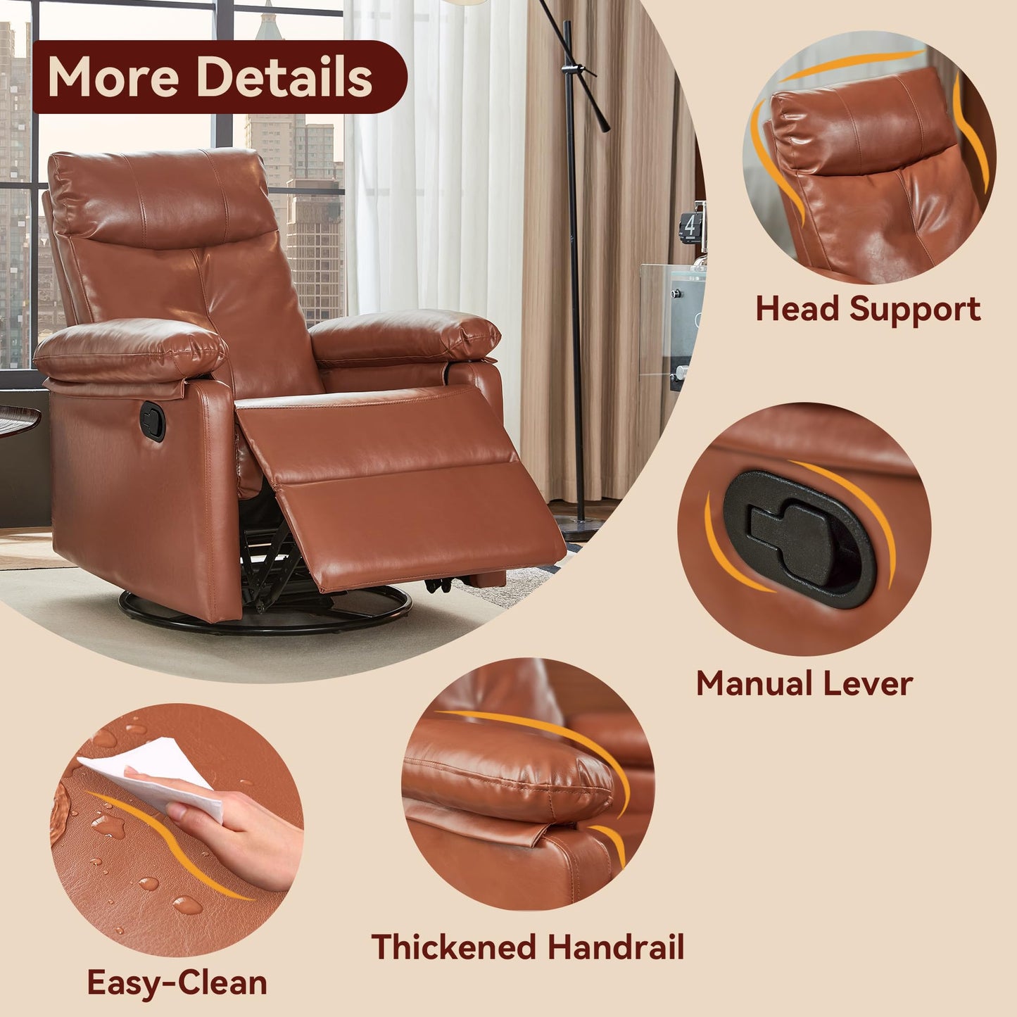 Rocking Recliner with 360° Swivel, Stress Relief Rocker Glider Reclining with Lumbar Support, Adjustable Backrest and Footrest for Nursery Living Room Bedroom Small Spcaes, Faux Leather (Mocha)