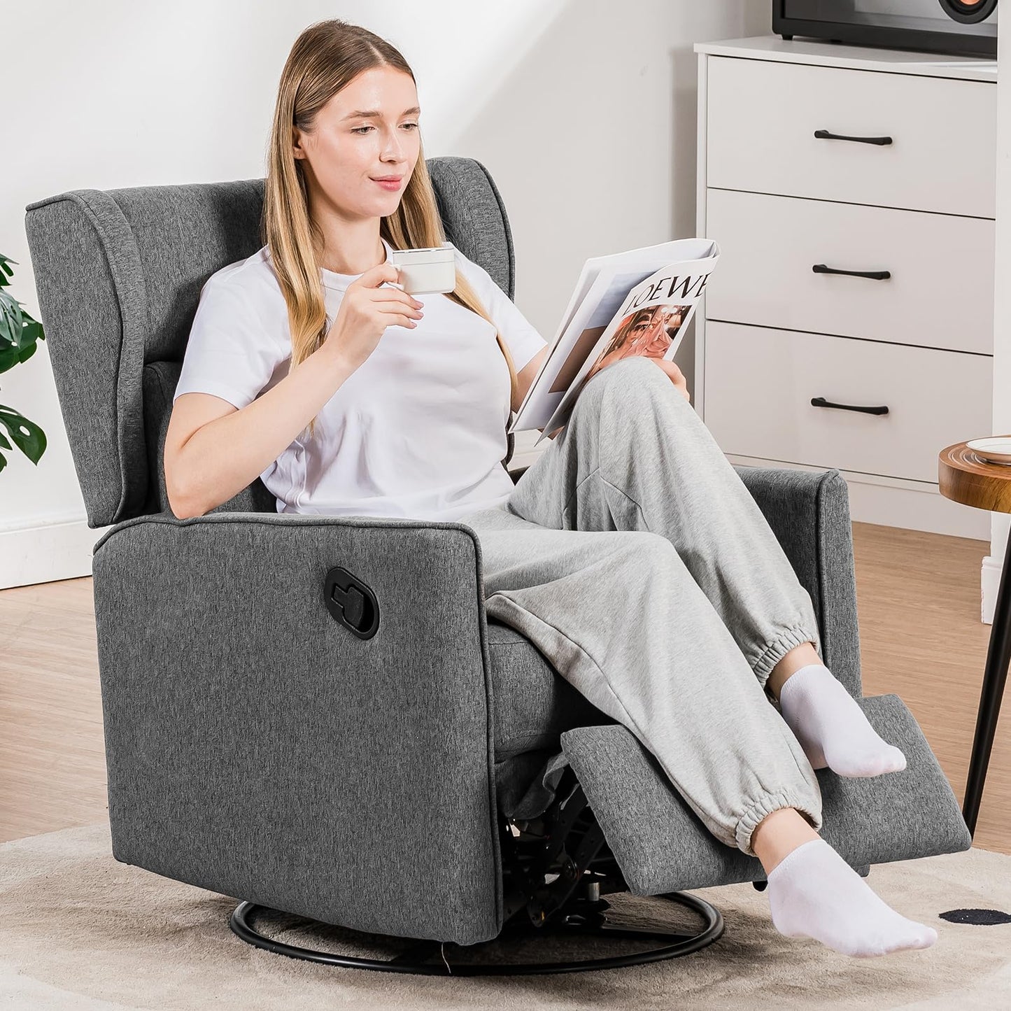COMHOMA Rocking Recliner Chair,Swivel Glider Reclining Single Sofa Manual Rocker Recliners,Nursery Rocking Chairs with Upholstered Seating for Living Room Office(Light Gray)