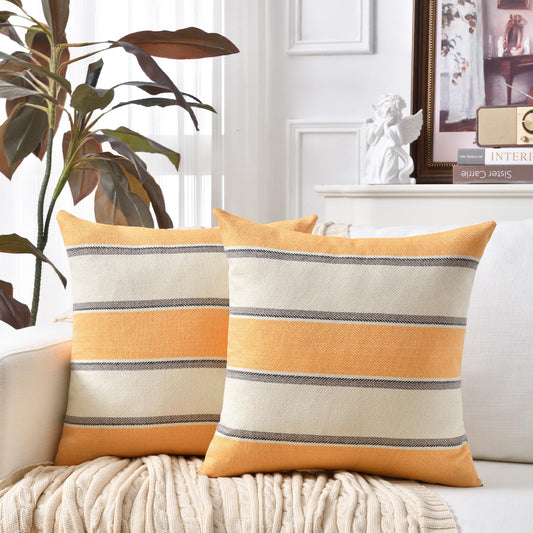 AmHoo Pack of 2 Farmhouse Linen Throw Pillow Cover Cushion Stripe Decoration Buffalo Retro Pillowcase with Hidden Zipper for Sofa Bedroom Car 16 x 16 Inch Yellow