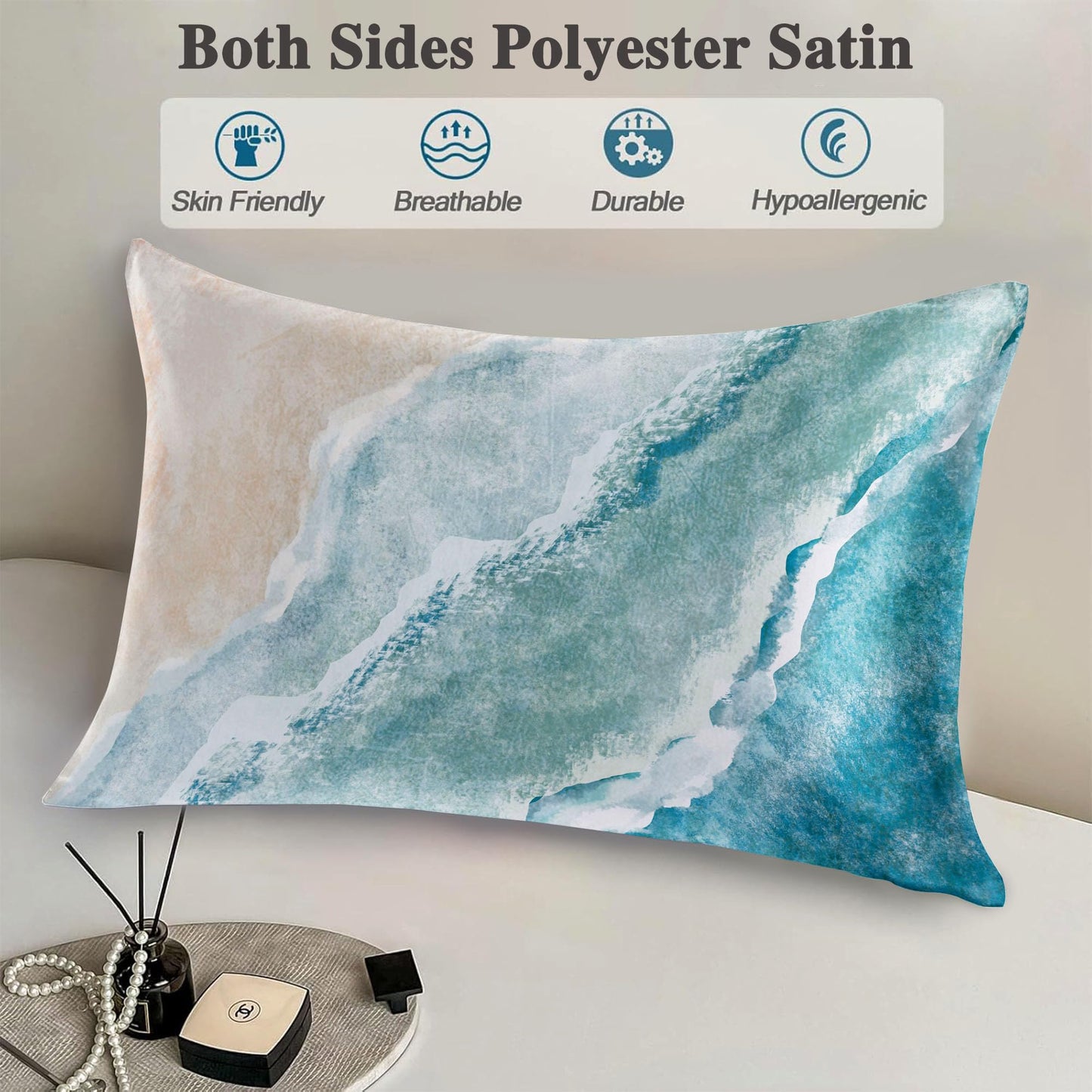 1 Pack Satin Pillowcase for Hair and Skin Bohemian Abstract Beach Imitation Silk Pillowcase with Hidden Zipper Soft Smooth Cooling Pillow Cover Standard Size for Bedroom Sofa 20”x26”