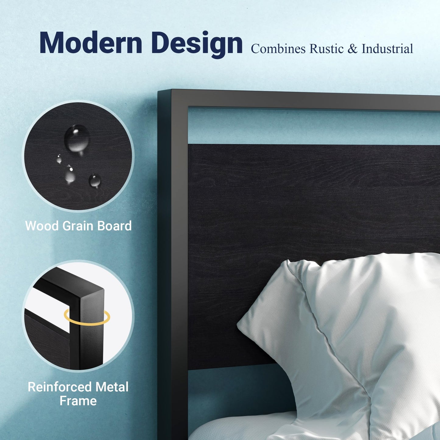 Allewie Sturdy Metal and Wooden Bed Frame with Headboard and Footboard,8.6" Underneath Space, No Box Spring Needed, Modern Design,Black,Twin