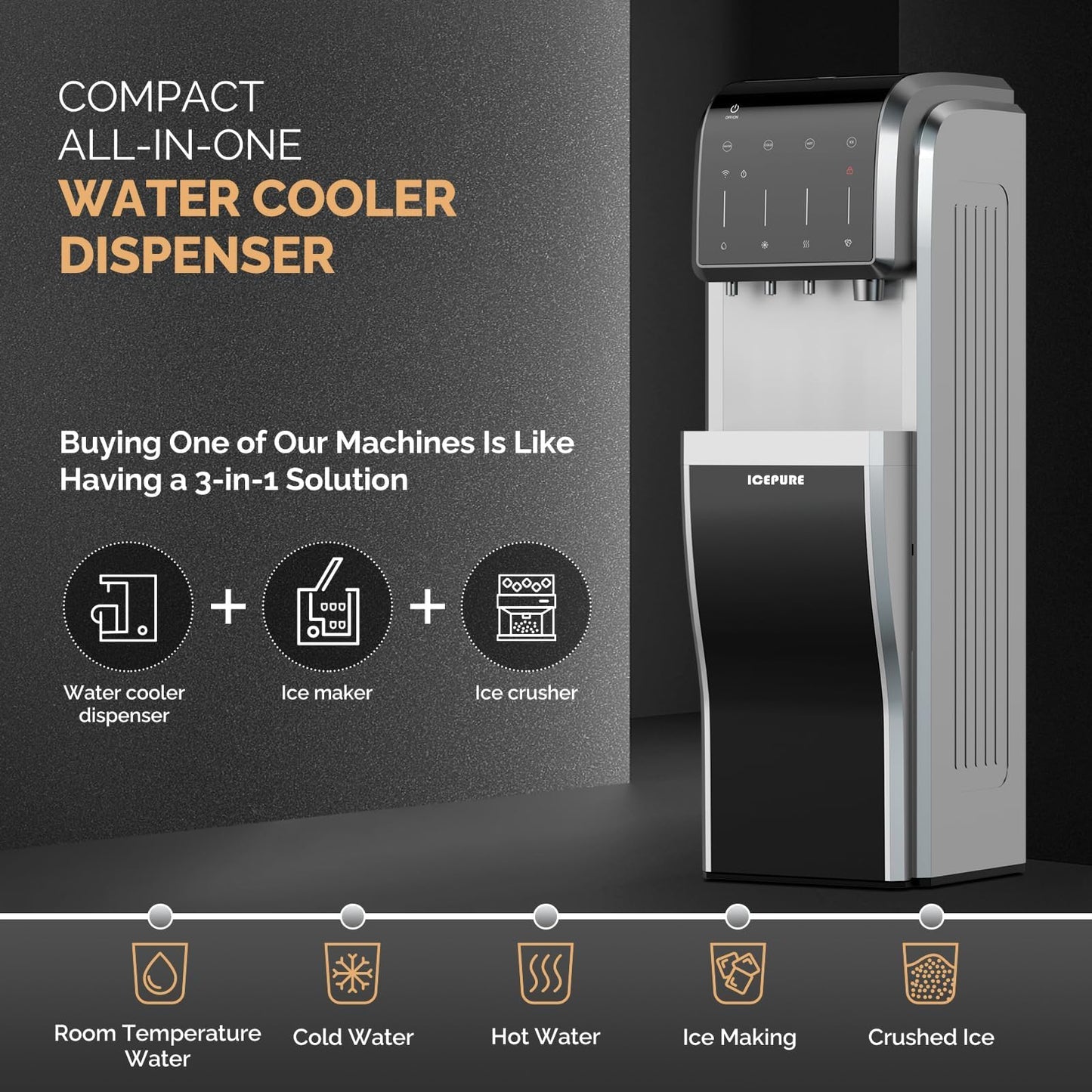 ICEPURE 5 in 1 Water Dispenser with Ice Maker for 5 Gallon Bottle, Built-in Bullet & Crushed/Chewable Ice Machine Hot Cold Water Cooler, Bottom Loading, 35lbs/24H, Child Safety Lock, Stainless Steel