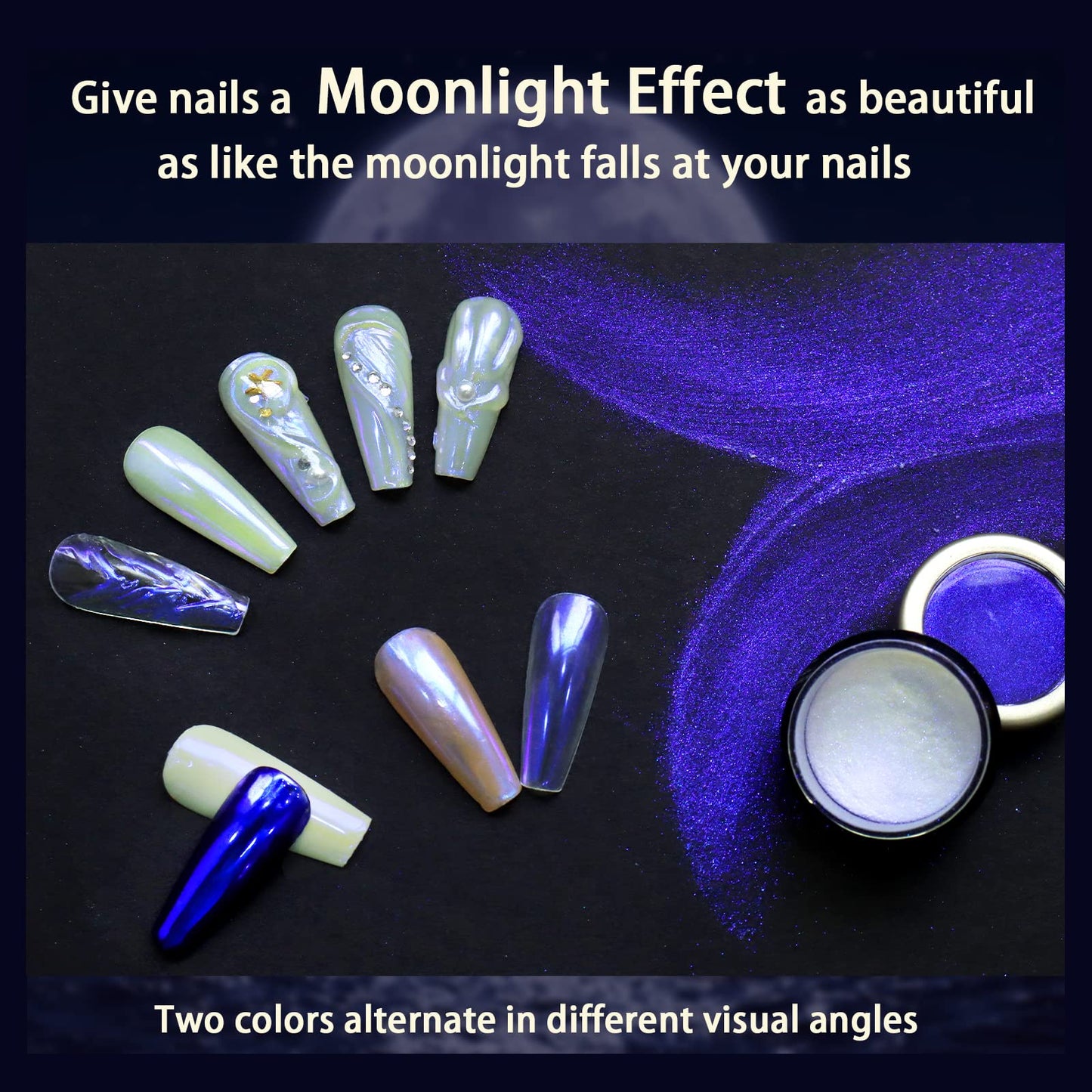 Allstarry Unicorn Chrome Nail Powder, Aurora Mermaid Iridescent White Pearl Nail Chrome Powder Pigment Glitter Fairy Dust for Nail Art, Manicure, Gel Nail Polish - Blue Moon