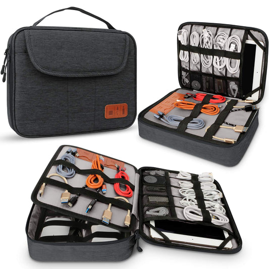 HOLIMET Cable Organiser Bag,Electronic Accessories Bag Double Layer for Travel Waterproof Cord Storage Organizer Bag for iPad, Kindle, Hard Drives, Cables, Chargers,Power Bank and More(Black)