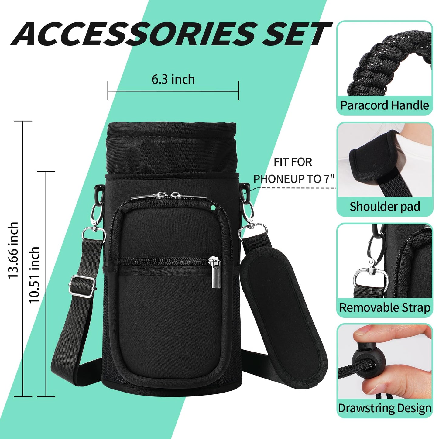 AceTreker 128 oz Water Bottle Sleeve, Neoprene One Gallon Water Bottle Carrier with Strap & Paracord Handle, Sport Bottle Holder Sling Bag with 5 Pockets for Travelling, Walking, Camping-Black