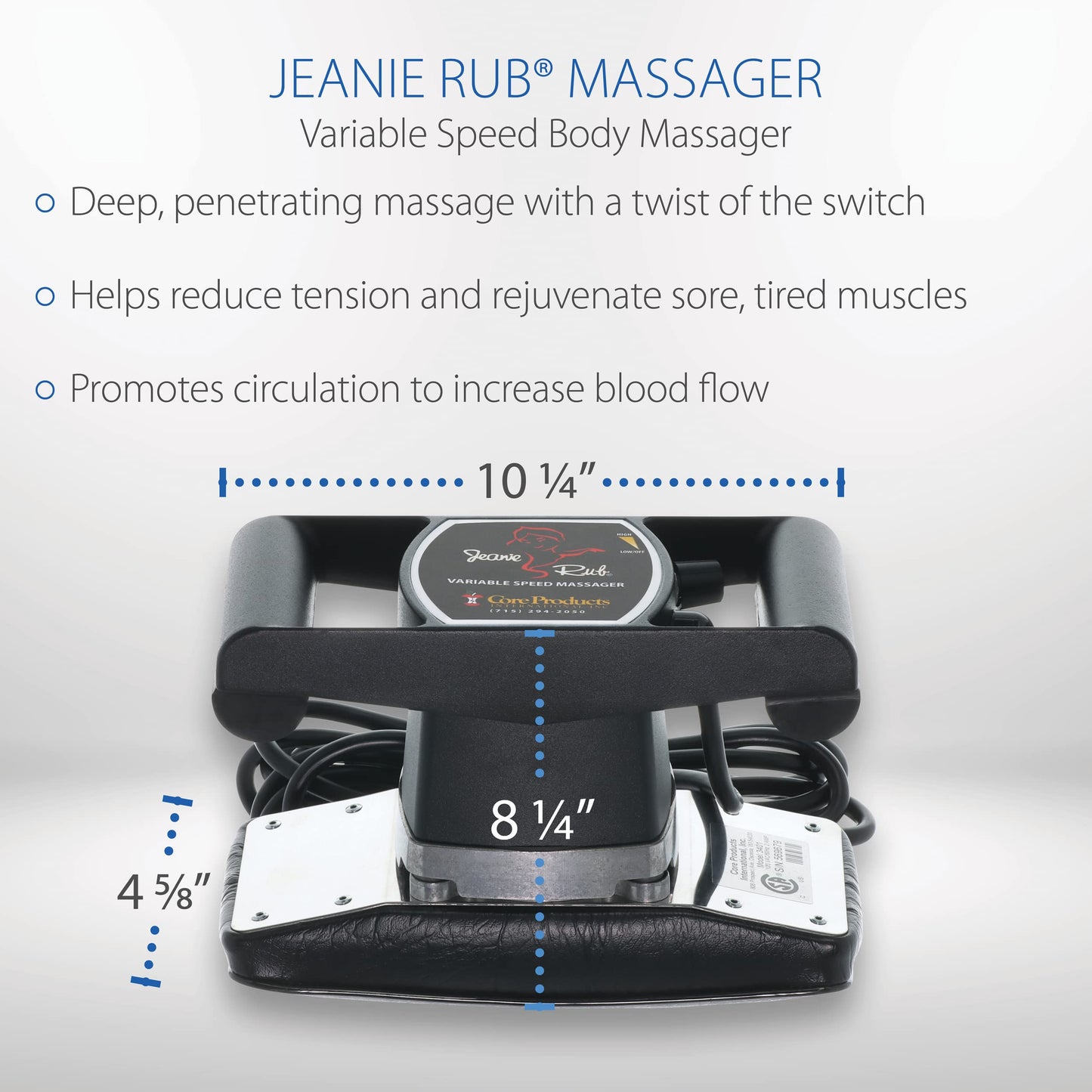 Core Products Jeanie Rub Massager Deluxe Package - Variable Speed Electric Massager for Deep Tissue Pain Relief, Full Body Massage, Back & Shoulder Massager w Fleece Pad Cover & Trigger Point