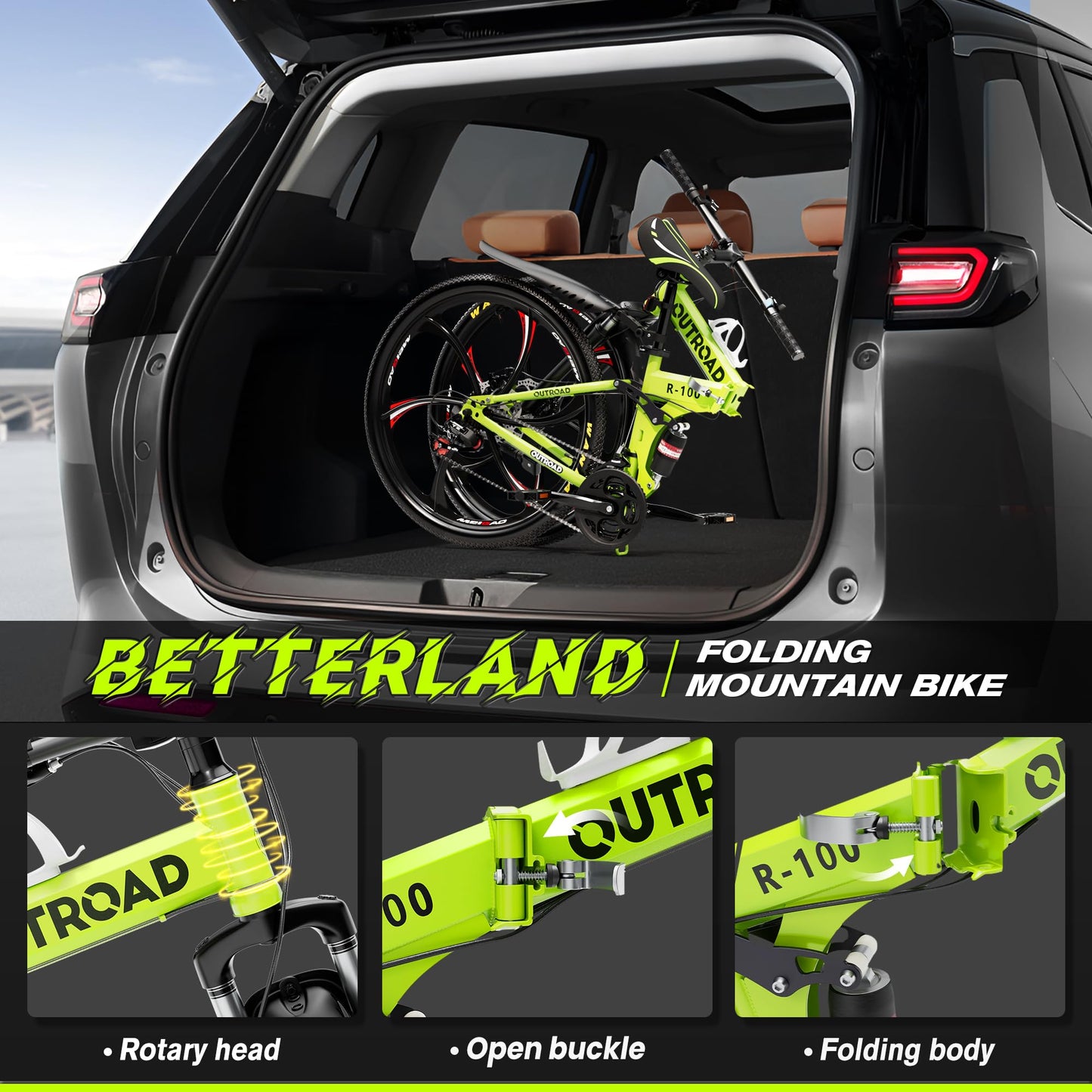 Betterland 26 Inch Folding Mountain Bike, 21 Speeds Full Suspension Foldable Bikes, Dual Disc Brake, High Carbon Steel Frame and Non-Slip Quick Release tire Bicycle for Adult