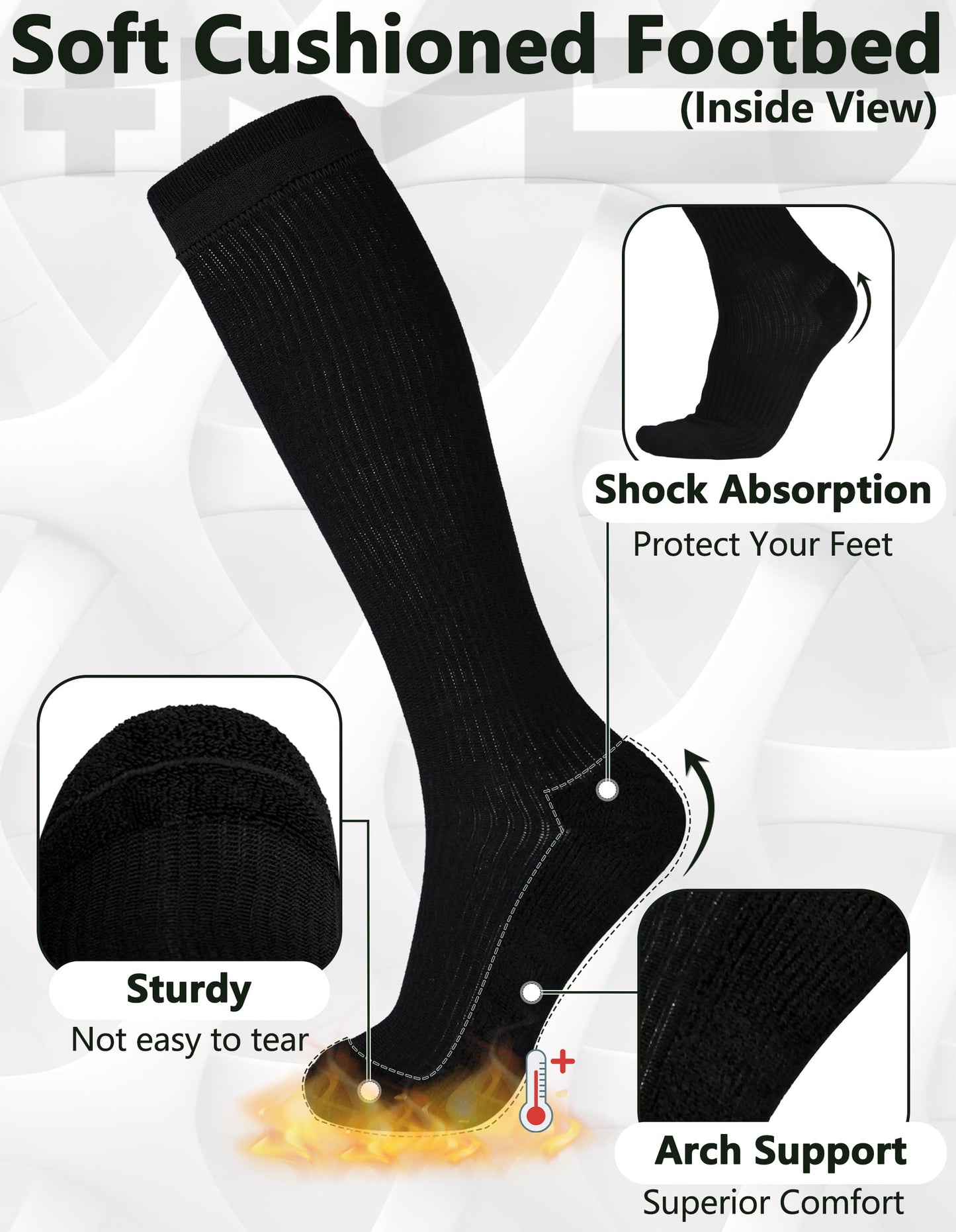 +MD 3 Pairs Compression Socks for Women & Men 8-15mmHg Cushion Moisture Wicking Support Stockings for Airplane Flights, Travel, Nurses, Edema 9-11 Black White