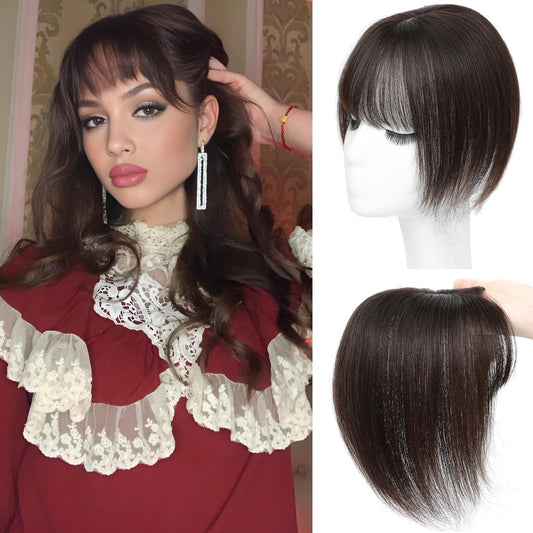 Amchoice Hair Toppers for Women Real Human Hair, Clip 360° 3D Cover, Human Toppers for Women Daily (Dark Brown, 3D Wispy Bangs (5 * 9))