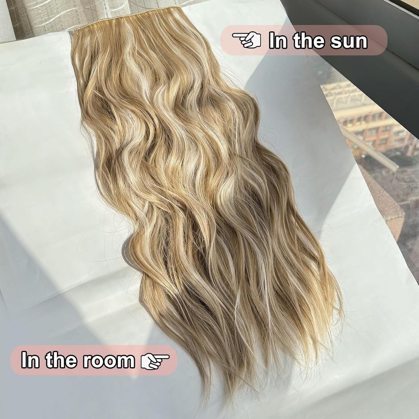 ALXNAN Clip in Long Wavy Synthetic Hair Extension 16 Inch Beach Blonde 4PCS Thick Hairpieces Fiber Double Weft Hair for Women