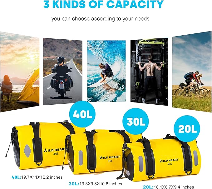 WILD HEART Waterproof Bag Duffel Bag 20L 30L 40L with Welded Seams Shoulder Straps, Mesh Pocket for Kayaking, Camping, Boating,Bicycle,Motorcycle
