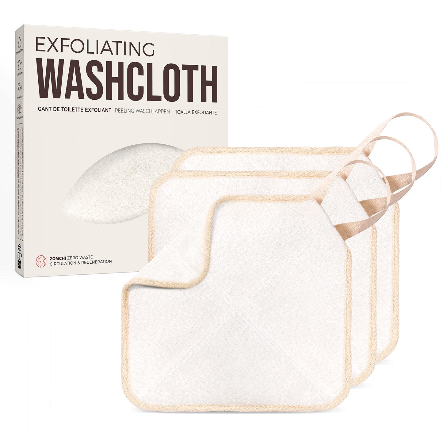 ZOMCHI Exfoliating Washcloth for Face and Body, Dual Function Wash Cloth with Soft and Rough Sides, Exfoliating Scrub Bath Towels, Washcloth with Loop (White, 3 Pack)