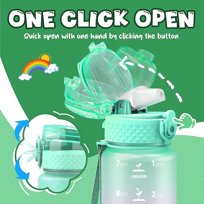 OLDLEY Kids Water Bottle for School, 17 oz (Straw Lid) BPA-Free Reusable Leak-proof Durable Tritan Plastic Water Bottles with One-handed Opening Straw Lids, Anti-dust Spout Cover (Green-Purple)