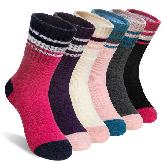 AMENLAN Kids Merino Wool Hiking Socks Boy Girls Winter Thick Boot Cushion Warm Thermal Crew Socks 6 Pairs (Purple Stripes,4-7 Years)