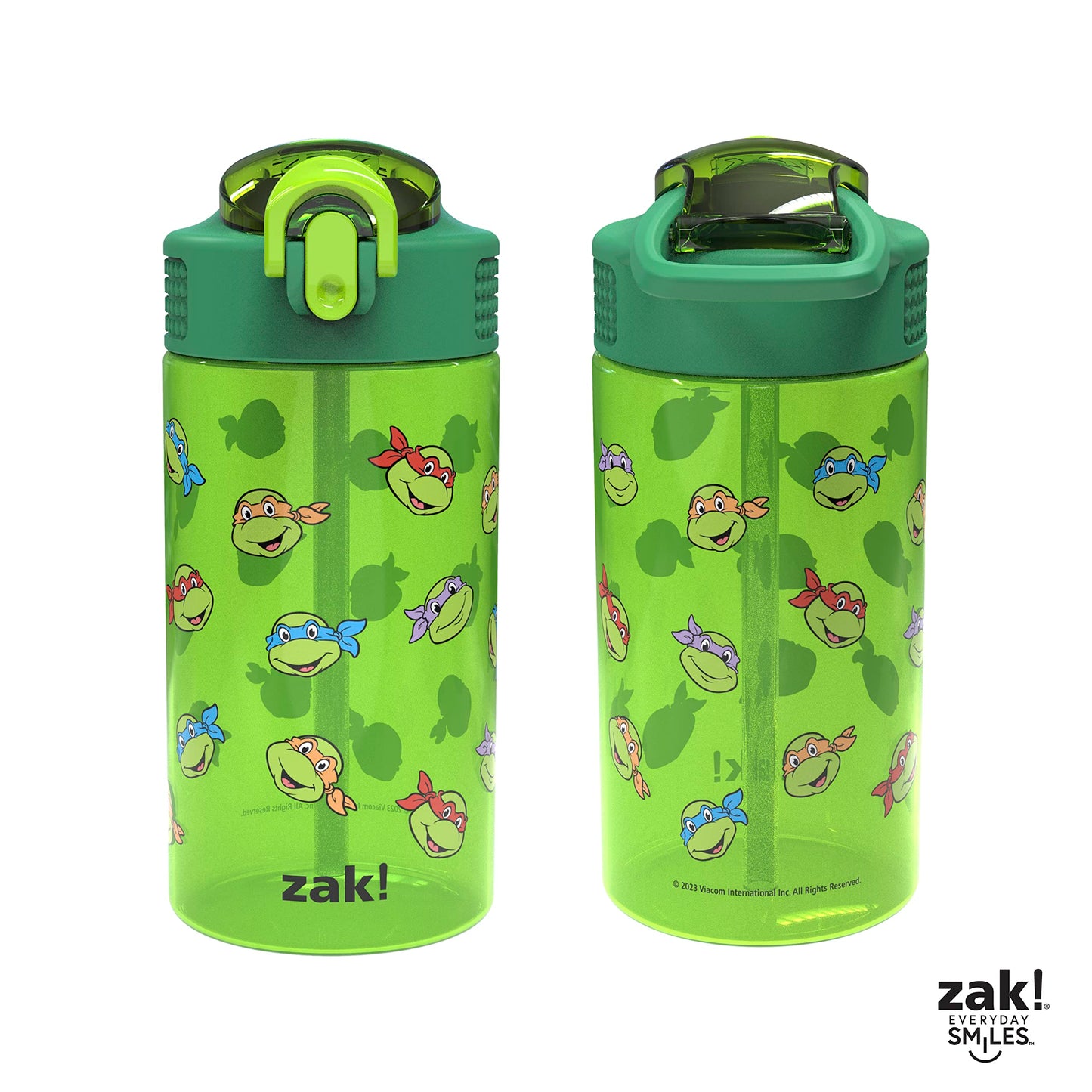 Zak Designs Teenage Mutant Ninja Turtles Kids Water Bottle For School or Travel, 16oz 2 Count (Pack of 1) Durable Plastic Water Bottle With Straw, Handle, and Leak-Proof, Pop-Up Spout Cover (TMNT)