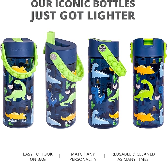 Elemental Leak Proof Water Bottles for Kids - Splash Kids Water Bottle for School with Fun Fidget Pop-it Handle - BPA Free Tritan Plastic Reusable Water Bottle with Straw - Dinosaur - 18oz