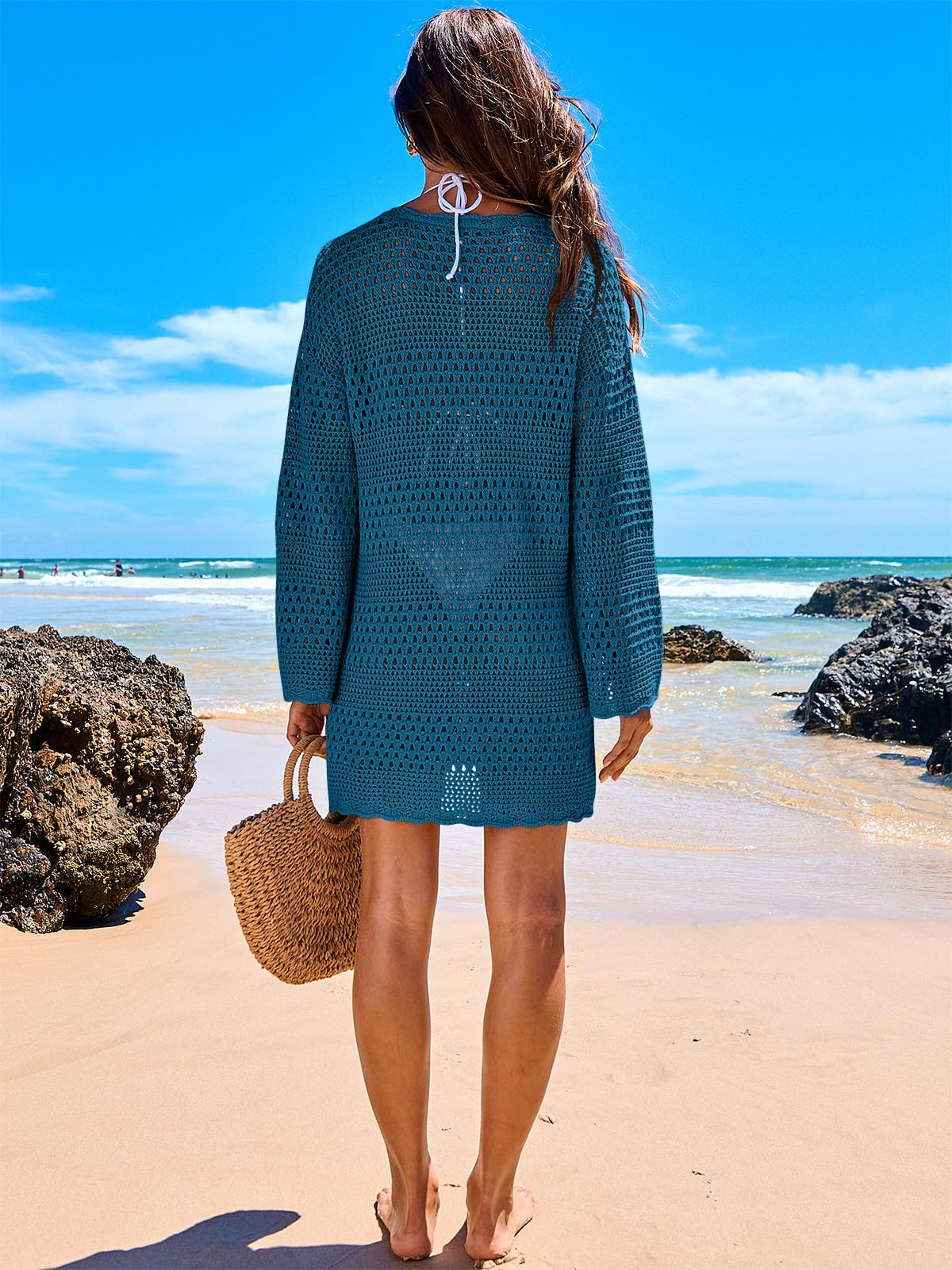 ANRABESS Women Swimsuit Crochet Swim Cover Up 2024 Summer Bathing Suit Swimwear Mesh Knit Beach Dress Vacation Outfits Cyan Small