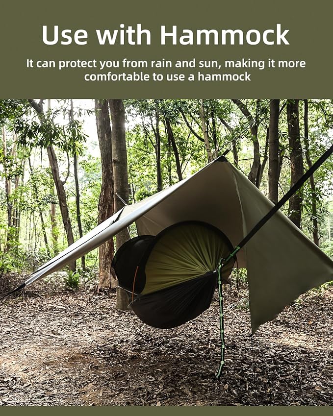 Camping Tent Tarp Waterproof, Ultralight Hammock Rain Fly, Portable Rain Tarp Canopy with Doors, Multifunctional Bushcraft Tarp for Outdoor Backpacking Hiking, UV Protection