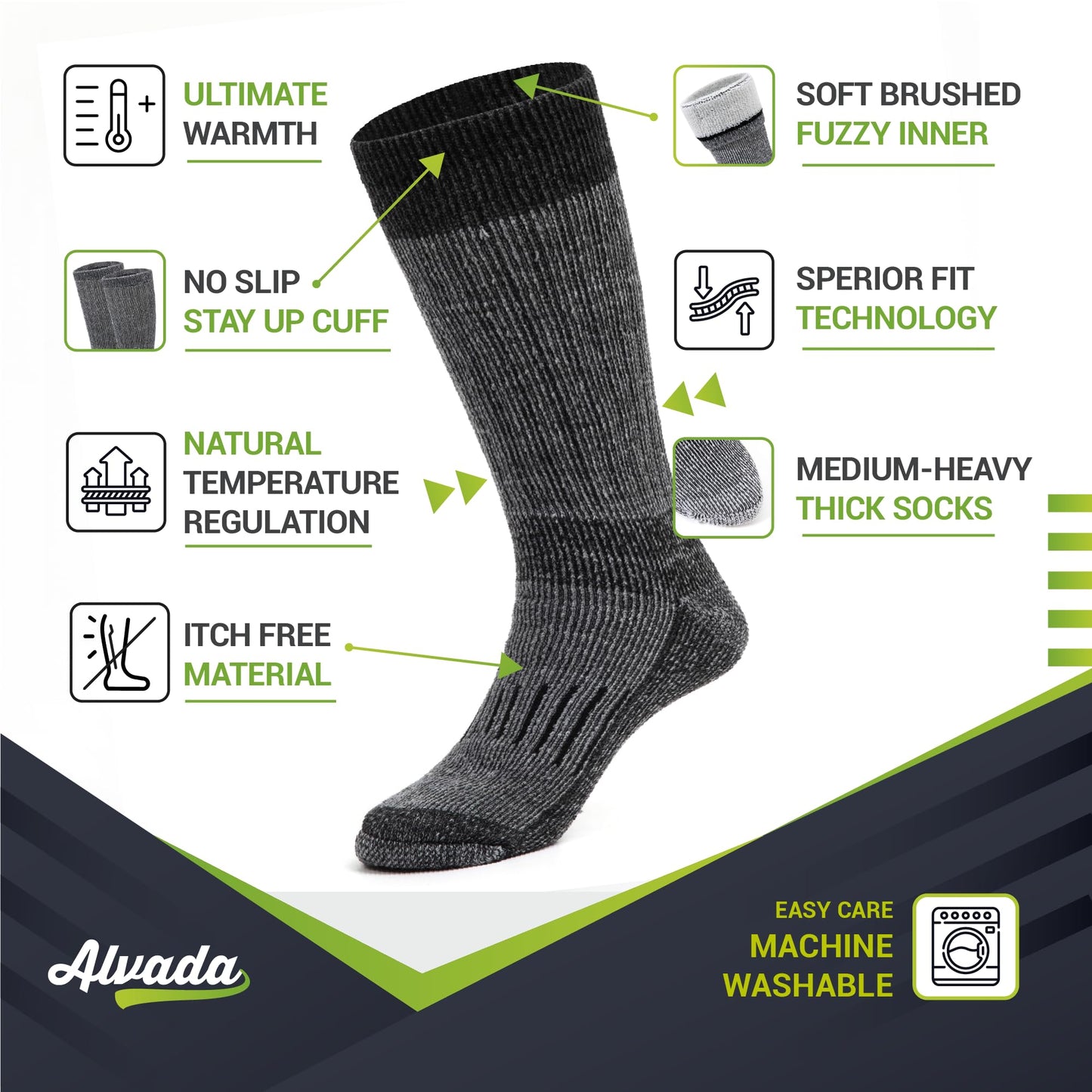 Alvada Warm Thermal Wool Socks for Winter Moisture Wicking and Breathable Cozy Boot Socks Charcoal LXL