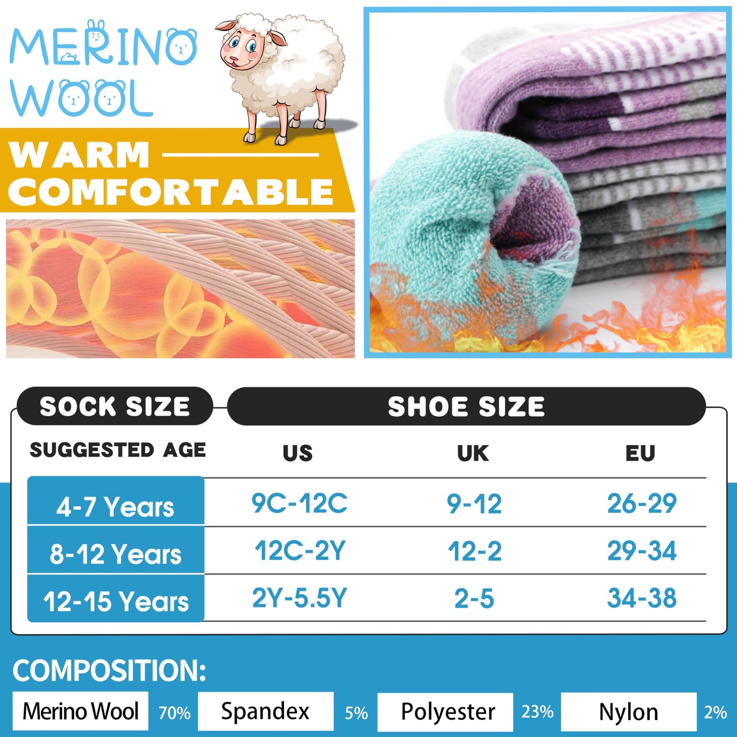 Anlisim Kids Merino Wool Ski Socks 3 Pairs Girls Boys Thermal Winter Warm Thick Breathable Socks for Skiing Snowboarding (Mixed,4-7 Years)