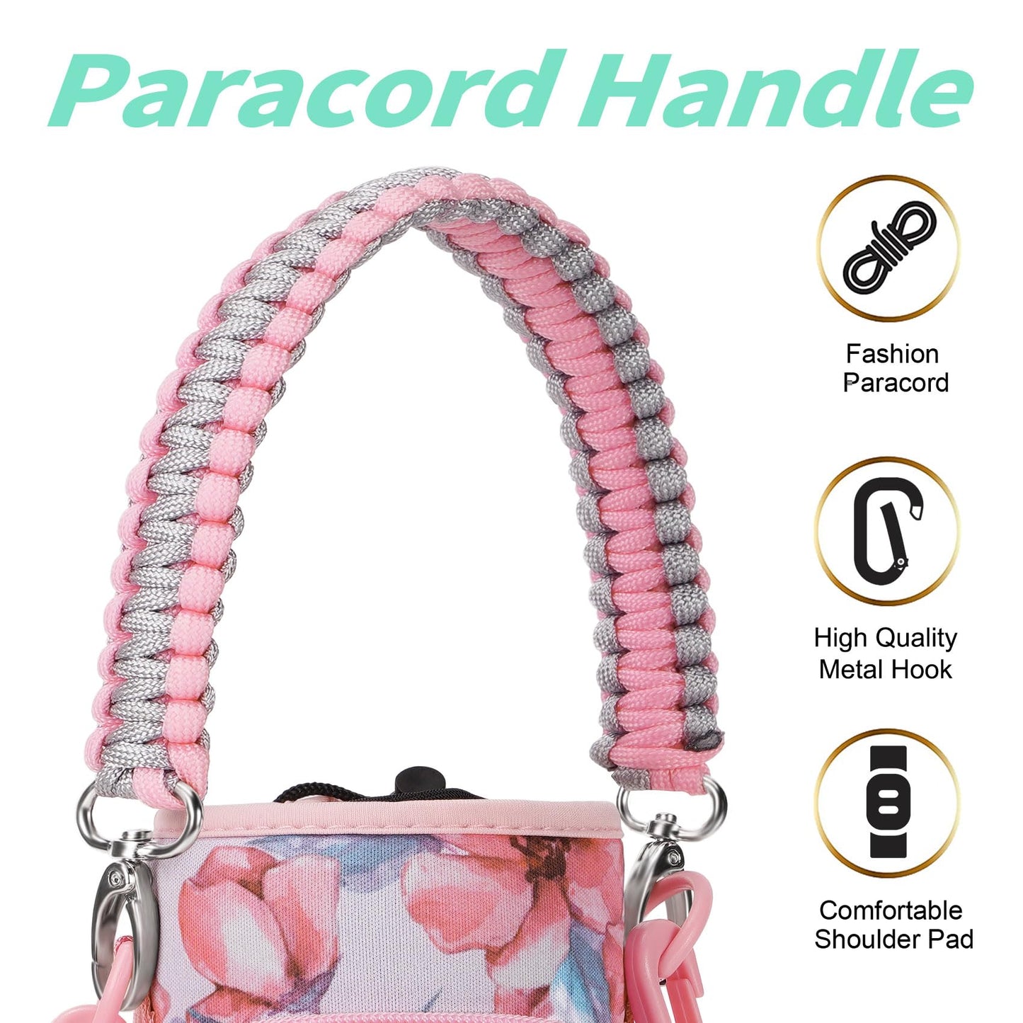 AceTreker Water Bottle Holder with Strap 32oz 40oz Metal Water Bottle Sleeve with 4 Pocket Sport Water Flask Carrier Sling Bag with Paracord Handle for Gym Walking Hiking-Pink Flowers