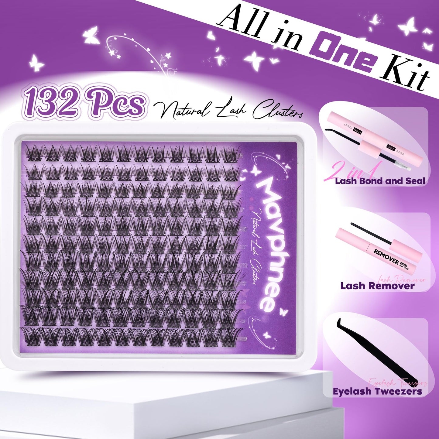 Natural Lash Clusters Kit Wispy Eyelash Clusters CC Curl Cluster Eyelash Extensions 132 pcs Individual Lash Extensions DIY Lash Extension Kit with Lash Bond and Seal and Remover Lash Kit by Mavphnee