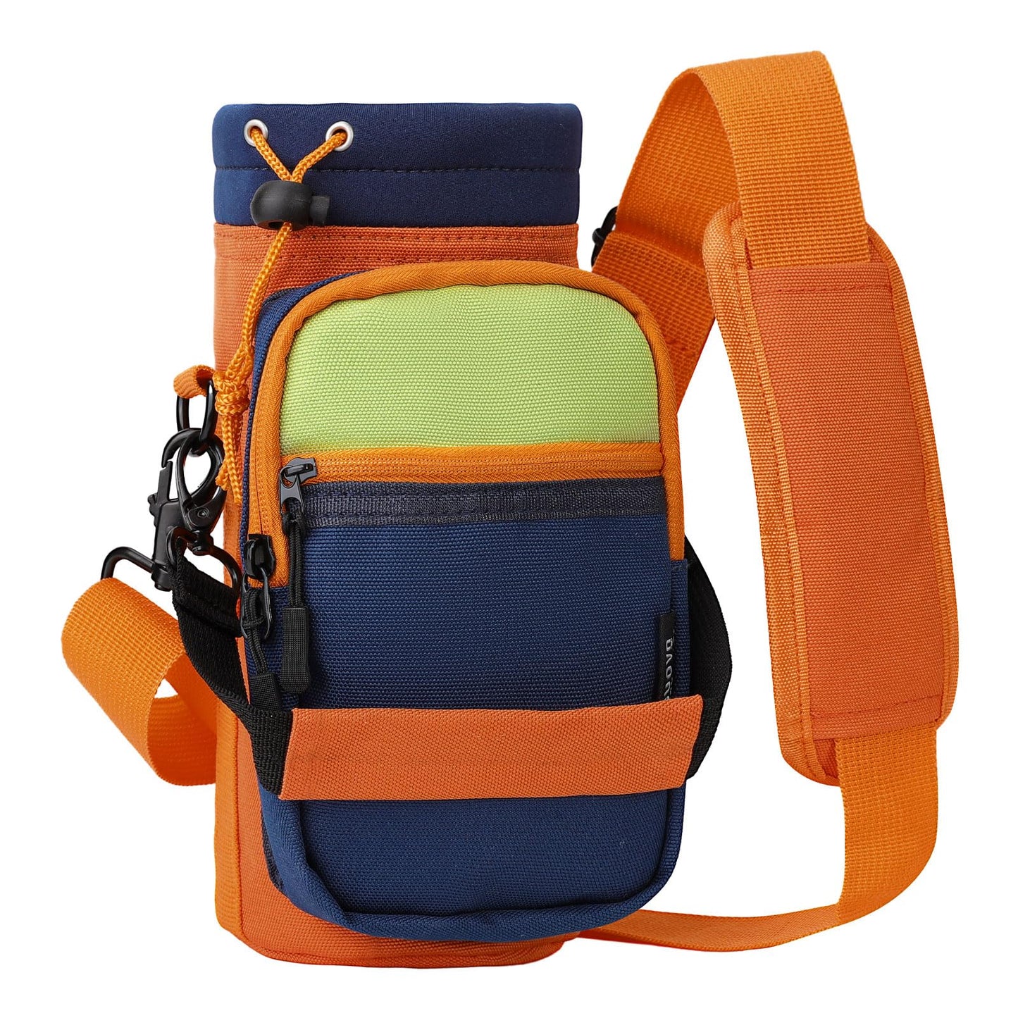 Nuovoware Water Bottle Carrier, 40oz Bottle Carrier Sports Water Bottle Holder with Adjustable Shoulder Strap, 2 Pockets Flask Sling Bag Drawstring Pouch for Hiking, Dark Blue+Orange+Grass Green