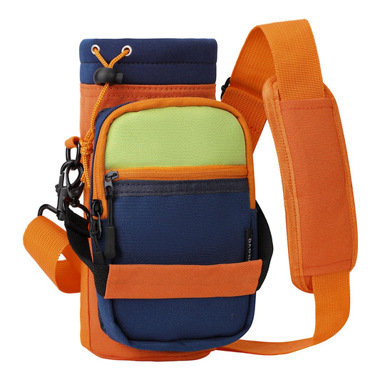 Nuovoware Water Bottle Carrier, 40oz Bottle Carrier Sports Water Bottle Holder with Adjustable Shoulder Strap, 2 Pockets Flask Sling Bag Drawstring Pouch for Hiking, Dark Blue+Orange+Grass Green