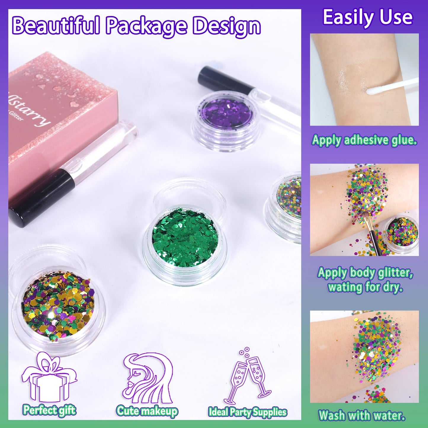 Allstarry Mardi Gras Face Glitter, 4 Colors Chunky Body Glitters Purple Green Gold Face Glitter Eyeshadow Makeup Hair and Eye Glitter Mardi Gras Accessories for Women Mask Balls Street Parties
