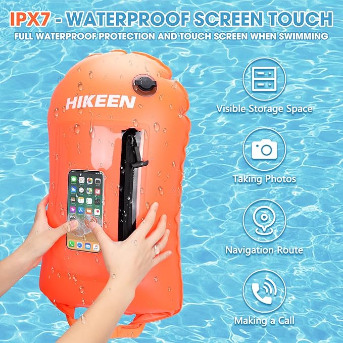 Hikeen Swim Buoy with Dry Bag 20L - Waterproof Touchscreen Large,Fully Waterproof Swim Safety Float for Open Water Swimmers and Training Triathletes, Kayaking, Be Bright, Be Safer