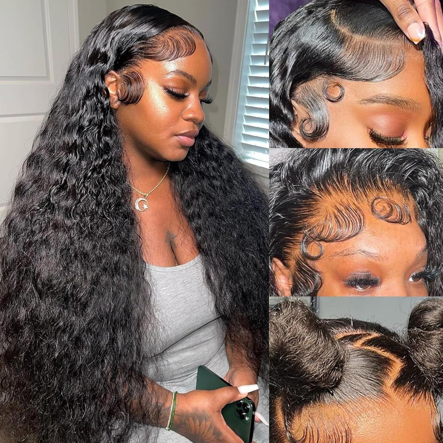 ANDRIA 13x4 HD Lace Front Wigs 28 Inch Black Curly Lace Front Wig with Baby Hair Pre-Plucked Glueless Lace Frontal Wigs Heat Resistant Synthetic Hair 200% Density Natural Color Long Deep Wave Wigs