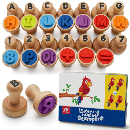 Coogam Wooden Alphabet Number Stamp Flashcard, ABC Spelling Letter Stampers and Mathematics Learning Number Stampers Arts and Crafts Supplies, Montessori Educational Toy Gifts for 3 4 5 Year Old