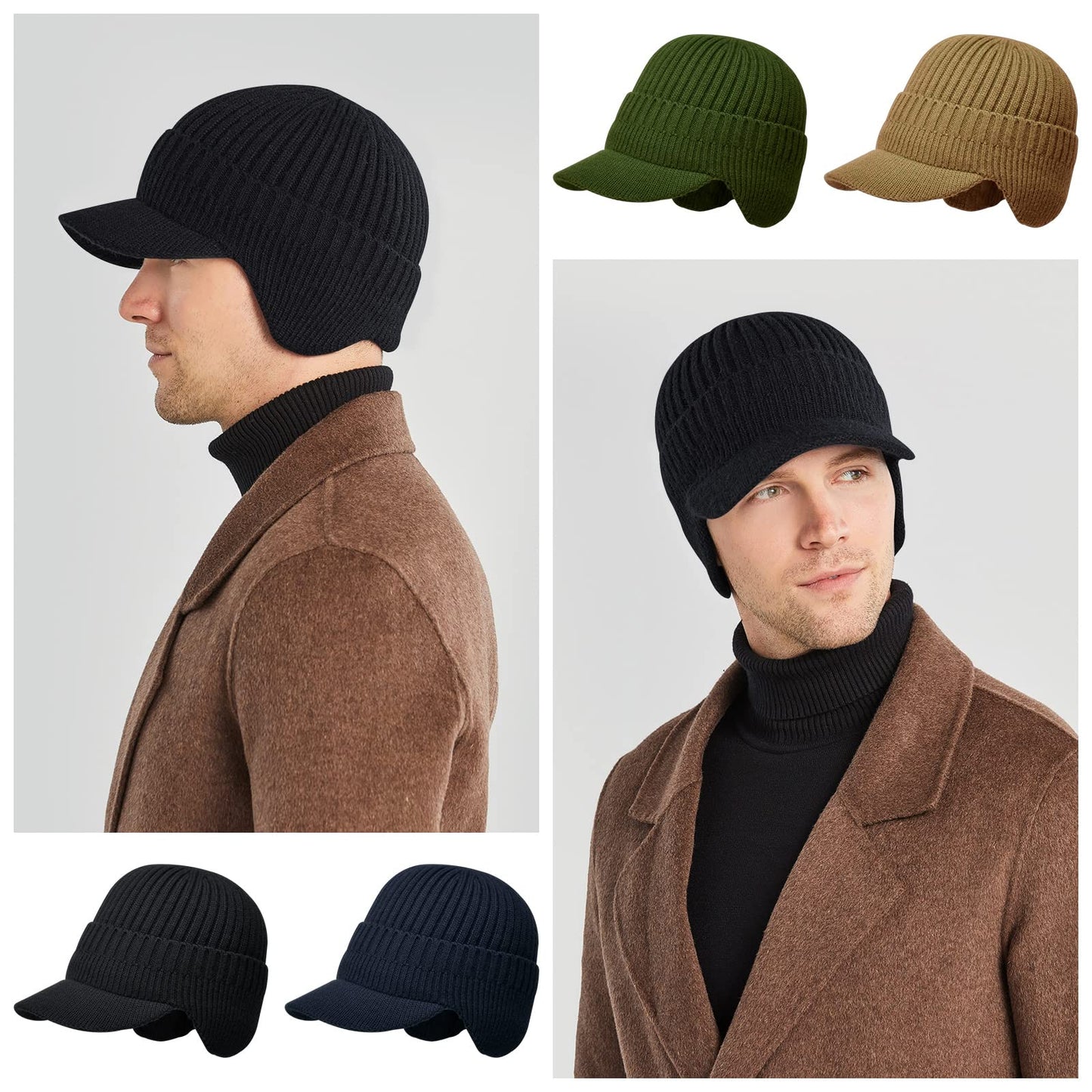 AkiiGer Men's Winter Hat Beanie with Brim, Warm Earflaps Hat for Men, Thick Fleece Lined Knit Beanie Outdoor(Black)