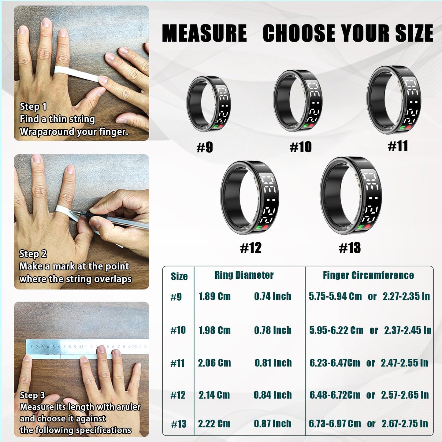 Smart Rings for Women Men,Fitness Tracker Ring,Smart Ring whth Display and Touch Button,IP68waterproof,Health Ring Tracks Heart Rate/Sleep/Steps/Blood Oxygen/Calorie/Distance,No Subscription(Black13)