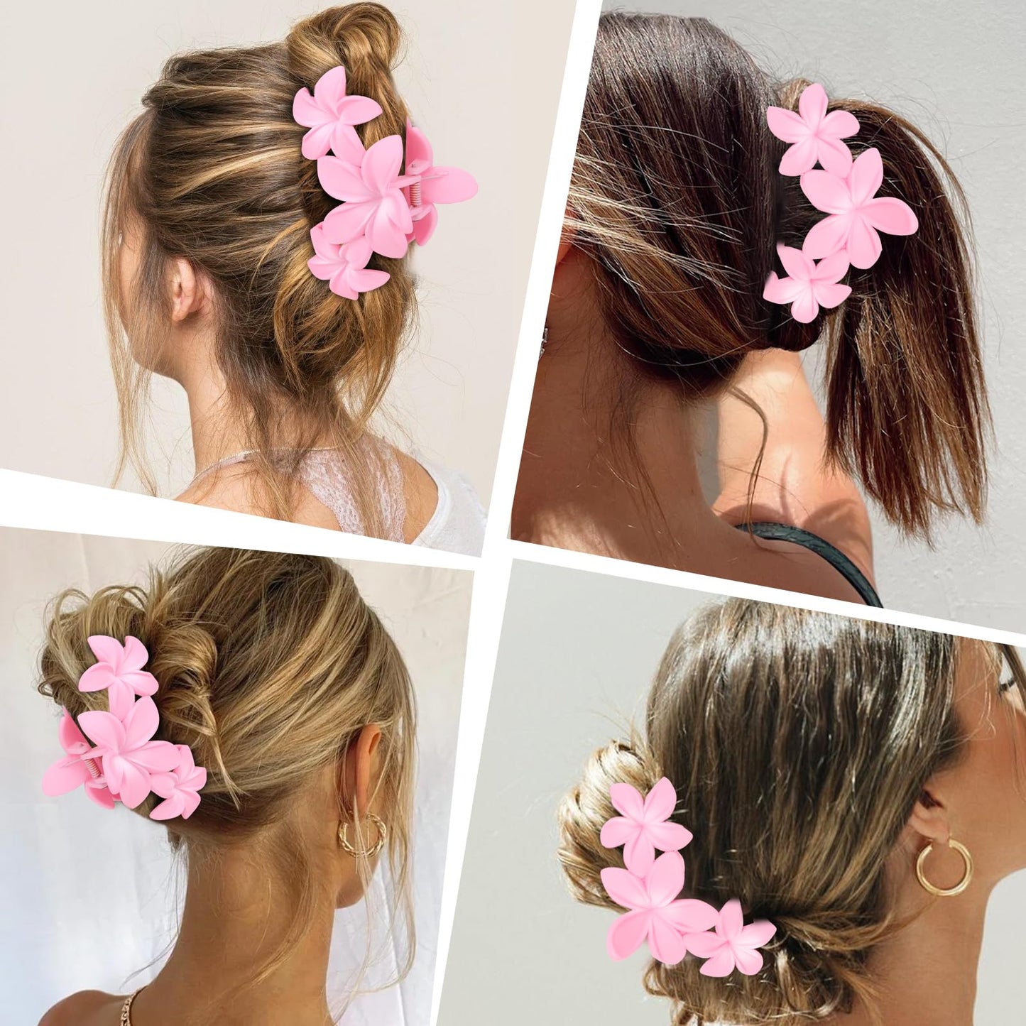 ANBALA 4PCS Flower Hair Clips, Tropical Plumeria Hair Clips for Women, Large Non-Slip Strong Hold Claw Clips, Beach Hair Accessories, Pink (4 Count)
