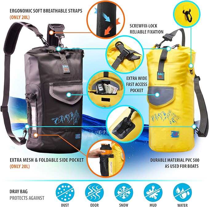 Waterproof Kayak Bag - Floating Dry Backpack for Camping - Sack for Beach Boating or Fishing with Internal and External Pockets (Black 10L)