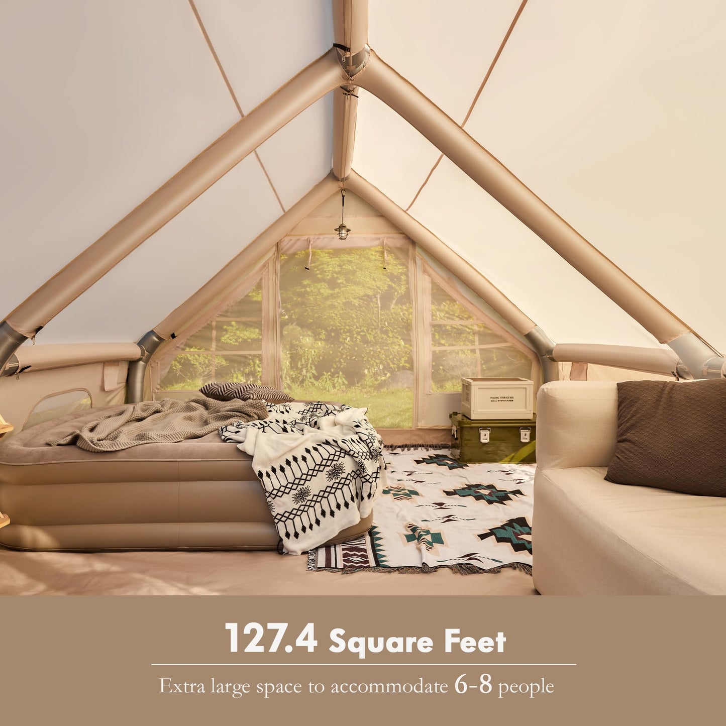 YOLENY Large Inflatable Tent for 8-10 Person, Waterproof Blow Up Camping Tent, Easy Setup 130 Square Glamping Cabin with Mesh & Chimney Windows