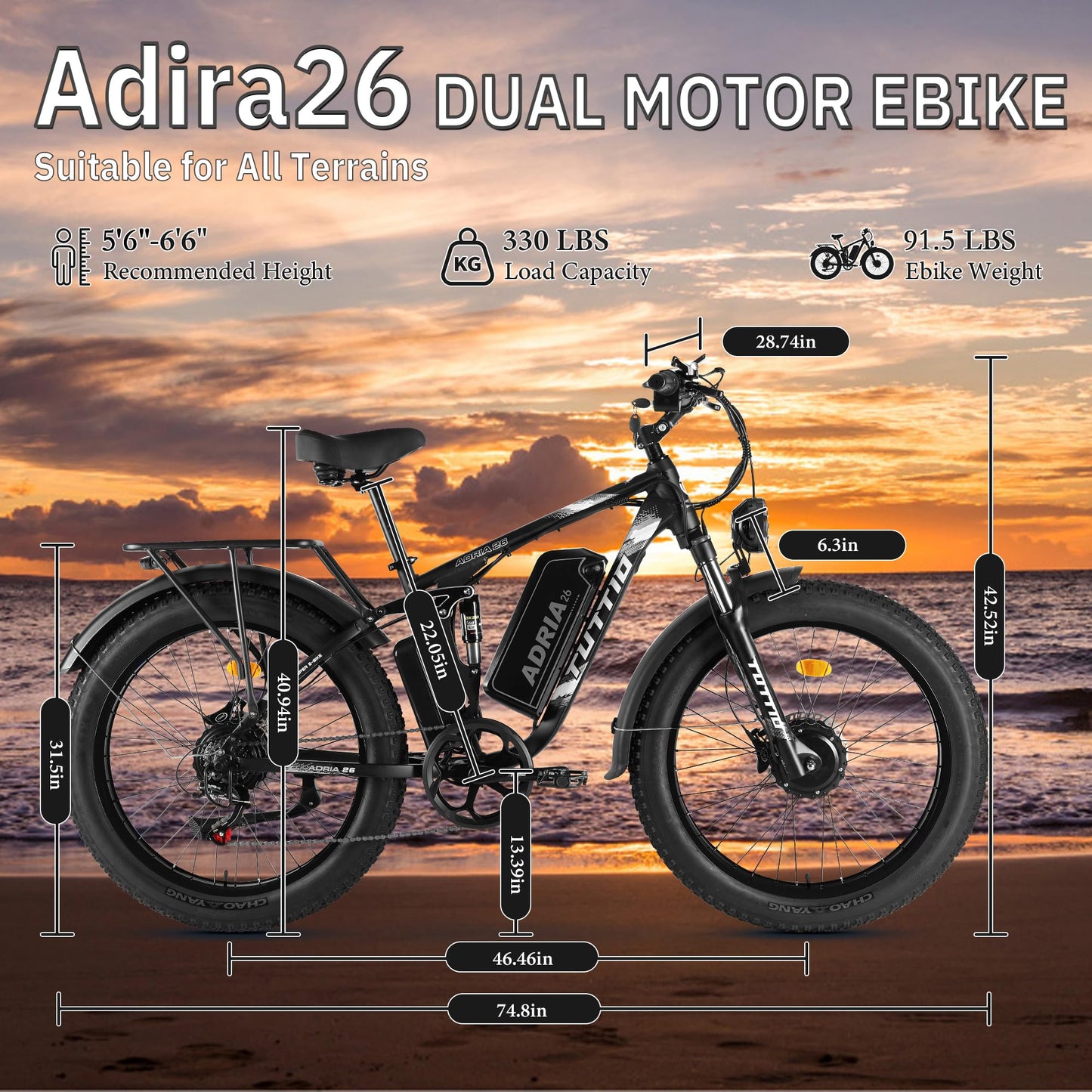 TUTTIO Electric-Bike for Adults-Men, Dual-Motor-Ebike 40-46MPH, 52V 30AH Long Range Electric Bicycle, 26" Fat Tire Dirt-Bike, Full Suspension Mountain Bike for Off-Road Snow Sand Hunting (Black)