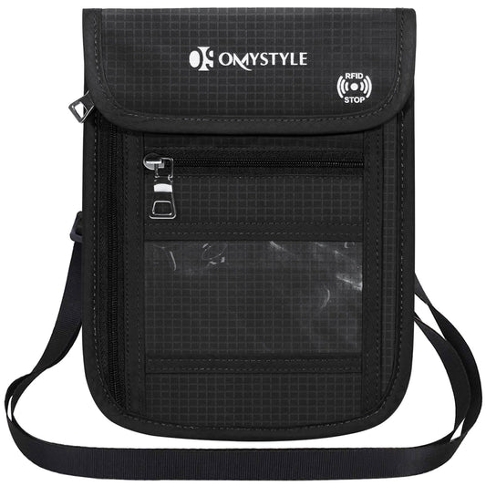 OMYSTYLE Neck Wallet, RFID Passport Holder for Travel, Adjustable Neck Strap, Waterproof Neck Pouch for Men & Women to Keep Cash, Credit Cards and Documents Safe, Black (8x6)