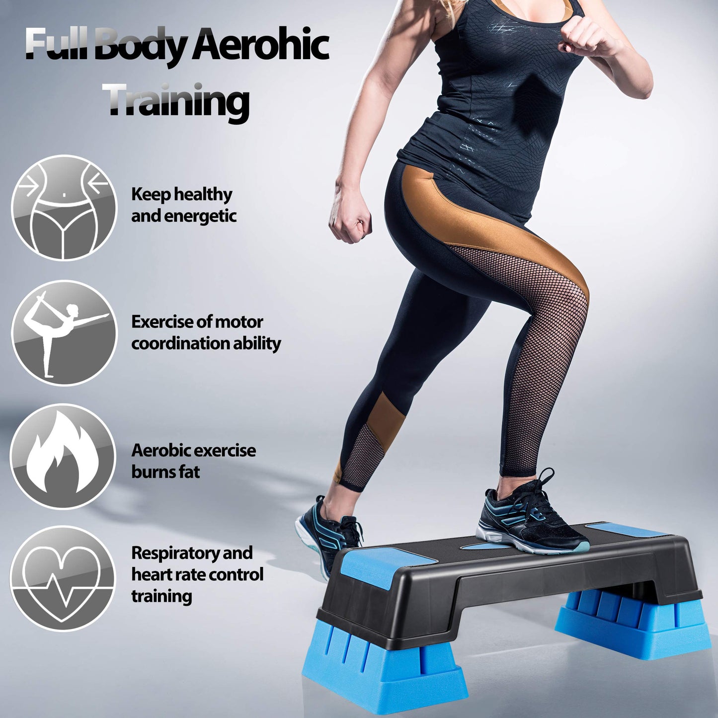 ANT MARCH 30" Aerobic Stepper for Exercise Step Up Exercise Platform with Removable Raisers Adjust 5"-7"-9"，Workout Stepper (BLUE)