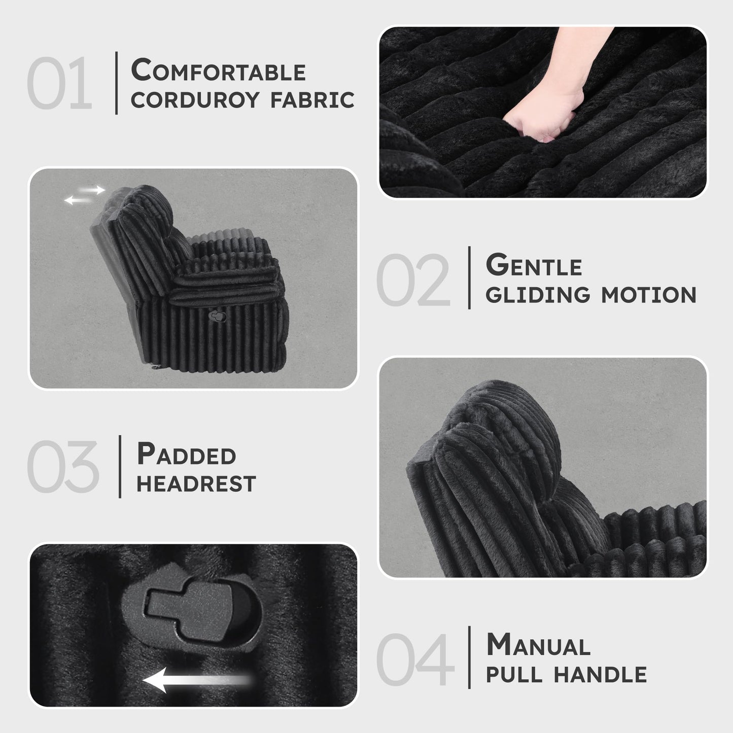 Lexicon Manual Glider Recliner Chair, Corduroy Manual Tab Pull Reclining Chair with Pillow Top Arms, Plush Cushions, Cozy Theater-Style Accent for Living Room/Bedroom, Easy Assembly, Black