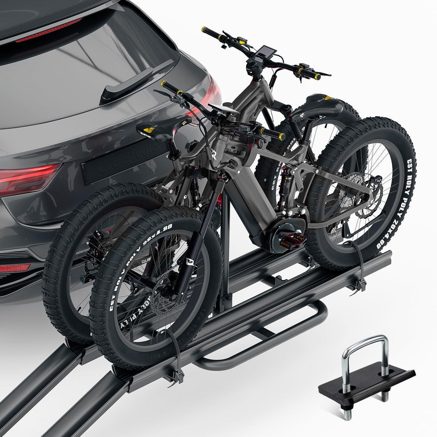 2 EBike Rack with Ramp, 2" Hitch Mounted Carrier Bike Racks Platform, 200 Lbs Max Loading for Standard, 5" Fat Tire and Electric Bicycles, Foldable E-Bike Rack for SUVs Cars Trucks Vans