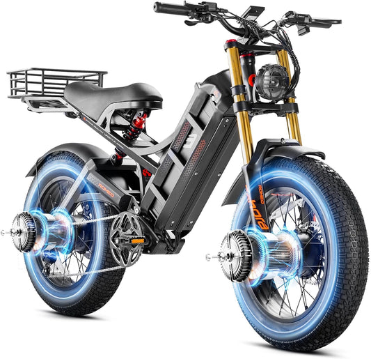 eAhora Romeo Ⅱ(2025 Version) 2500W Peak Electric Bike for Adults, 52V 60Ah Battery up to 200Miles,40Mph Dual Motors Ebike,20"*4.5 Fat Tire Full Suspension Off-Road Mountain E-Bike for Men,UL 2849
