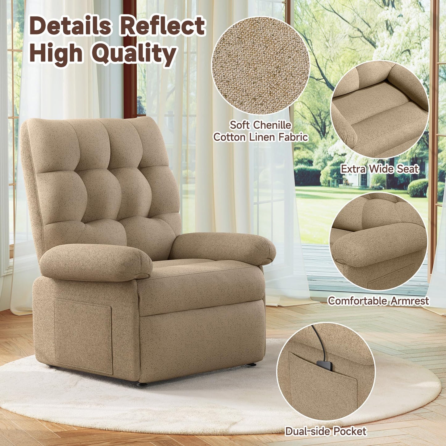 Welzona Power Lift Recliner Chair for Elderly, Triple Motor Lift Chair with Infinite Position, Electric Stand Assist for Seniors, Single Sofa with Side Pockets for Living Room, Beige-Brown