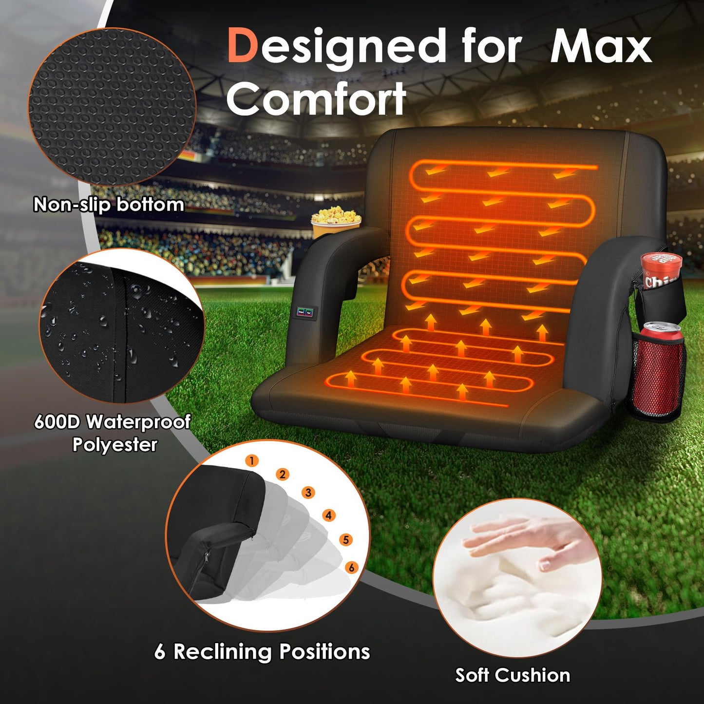 HOPERAN 21" 2pcs Dual-Sided Heated Stadium Seats for Bleachers with Back Support, 20000mAh Power Bank Included Stadium Chair, 3 Levels Heating Stadium Seating for Bleachers Seat with Backrest