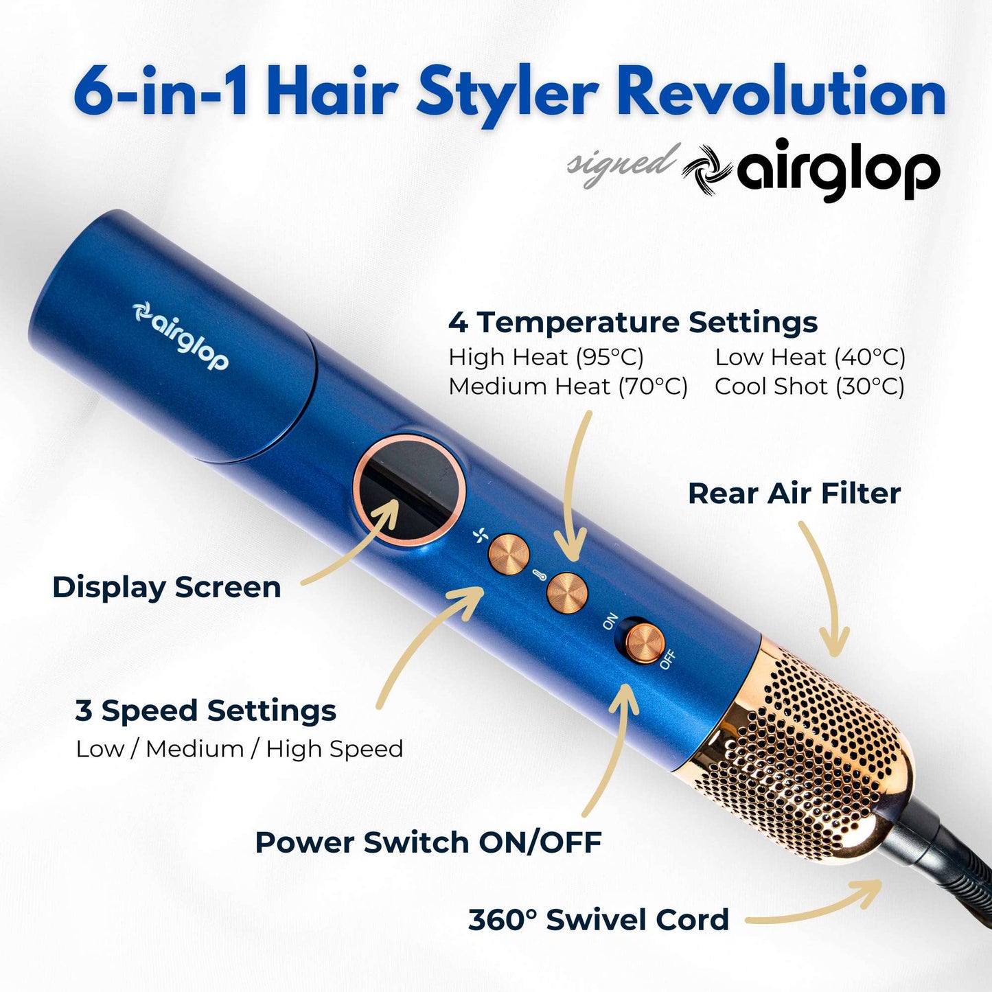 Airglop Air Styling & Drying System, Powerful Hair Dryer Brush & Multi-Styler with Auto-Wrap Curlers, Paddle Brush, Oval Brush